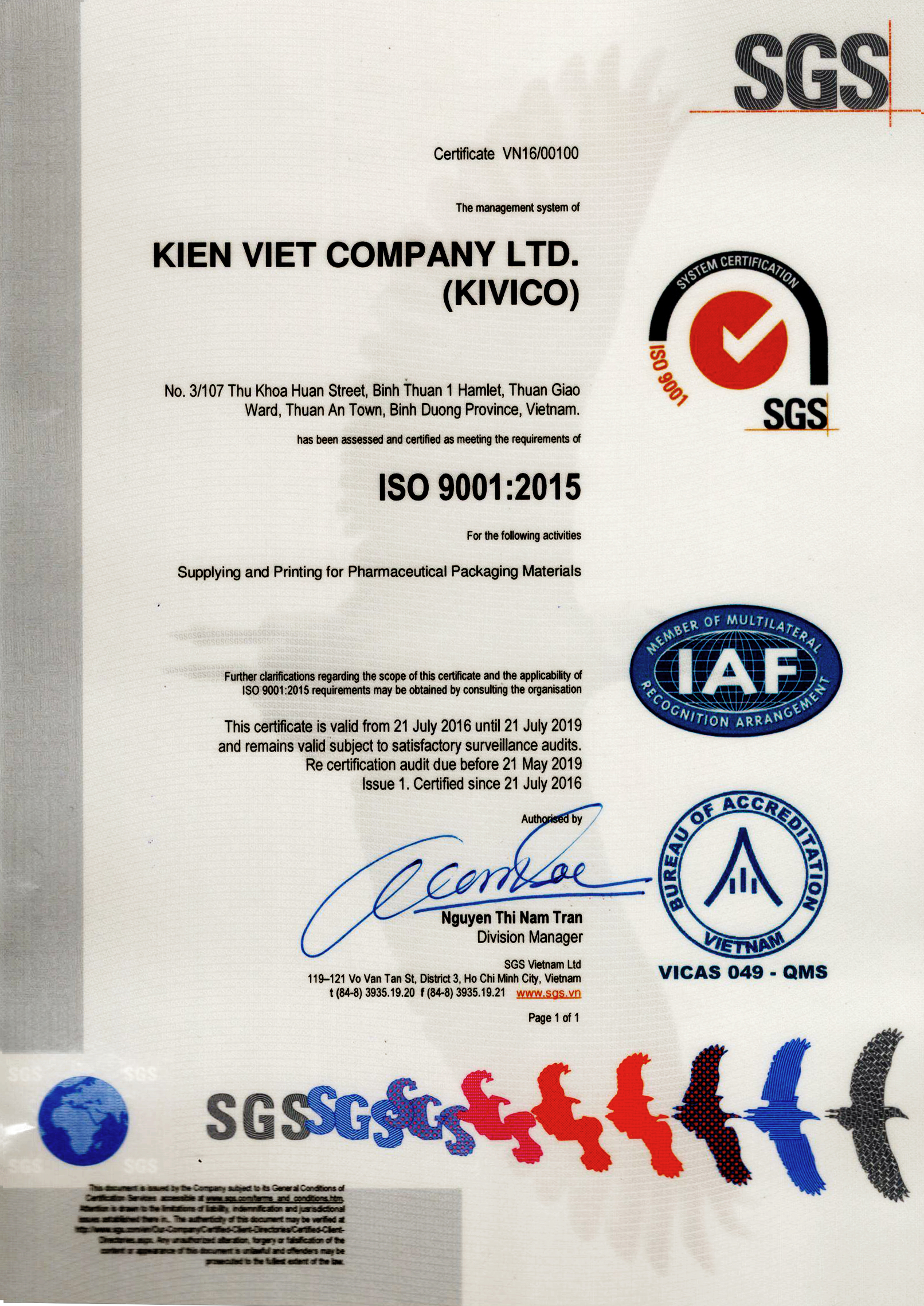 ISO 9001 : 2015 - Bao Bì Kiến Việt - Công Ty TNHH Kiến Việt (KIVICO)
